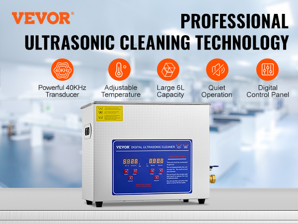 VEVOR ultrasonic cleaner with digital control panel, 6l capacity, and 40khz transducer.