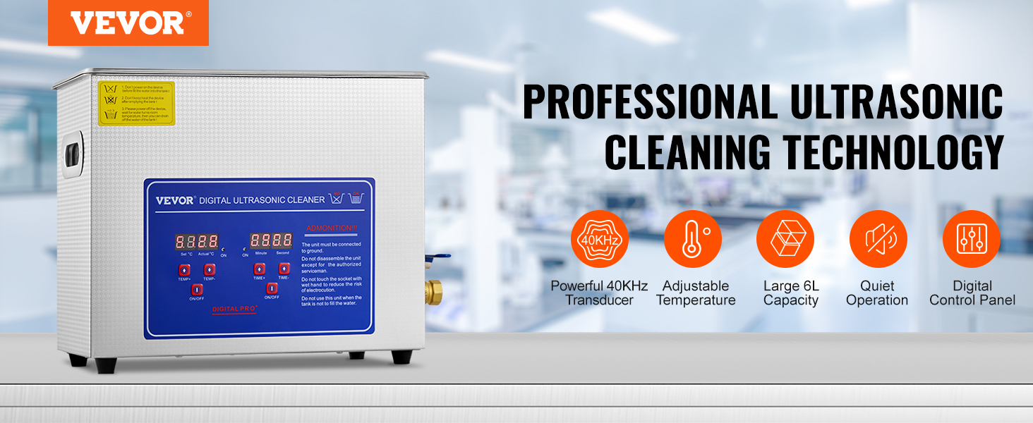 VEVOR ultrasonic cleaner with digital control panel, 6l capacity, and 40khz transducer.