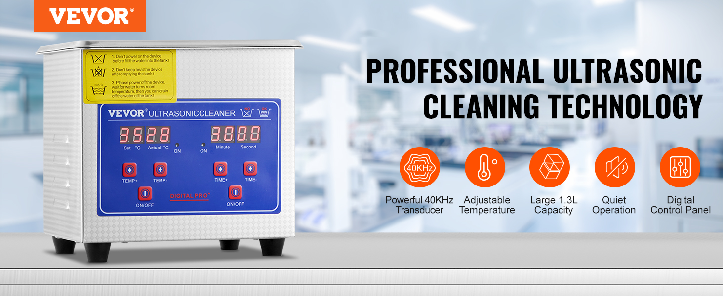 VEVOR ultrasonic cleaner with 15l tank capacity, 304 stainless steel, in a lab setting.