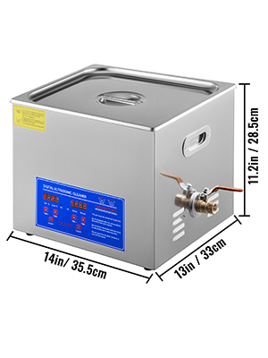 VEVOR ultrasonic cleaner with dimensions labeled: 14in x 13in x 11.2in.