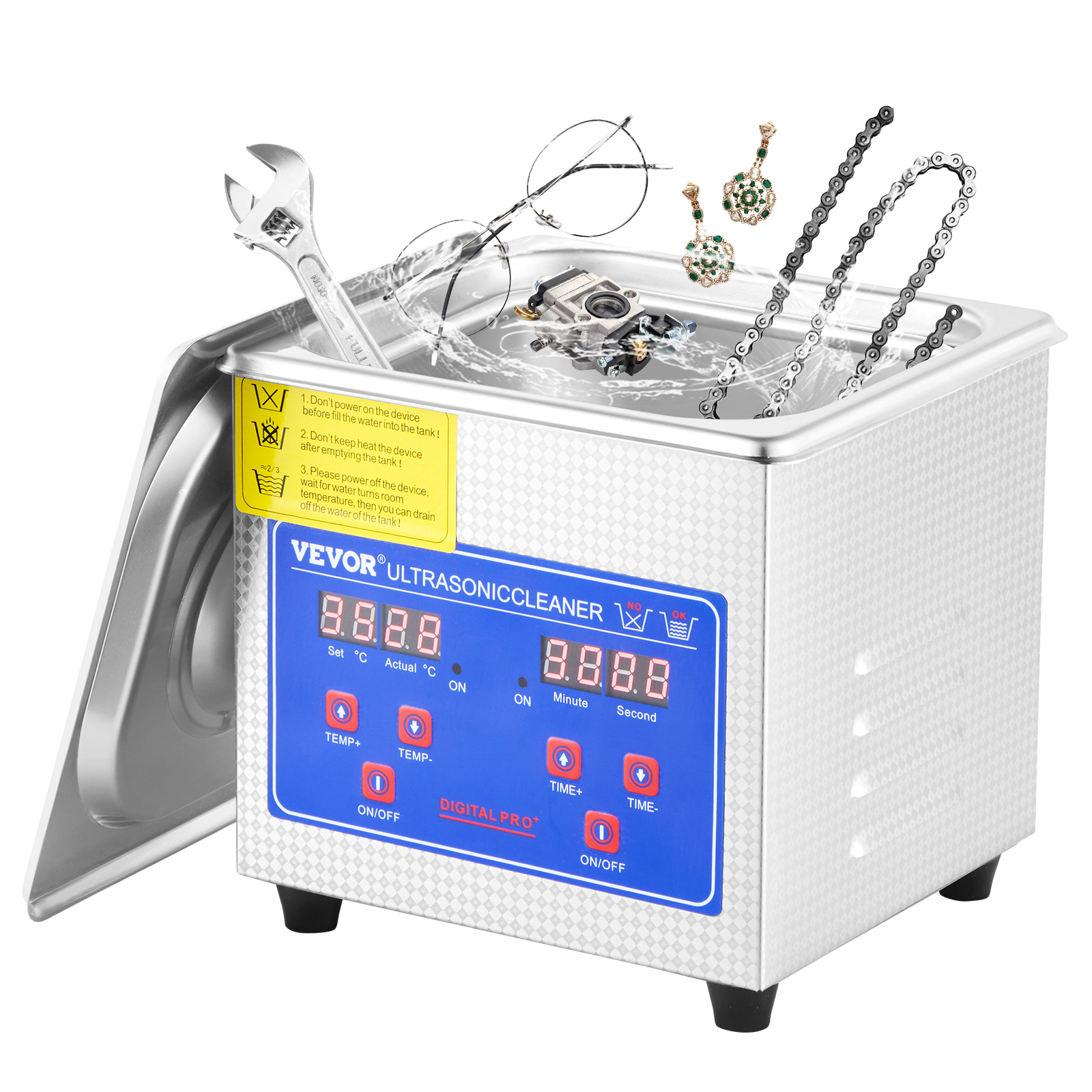 VEVOR ultrasonic cleaner with digital display, mesh basket, and drainage valve.