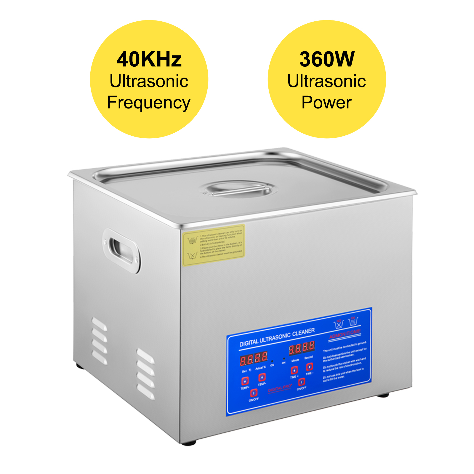 VEVOR ultrasonic cleaner with 40khz frequency and 360w power.