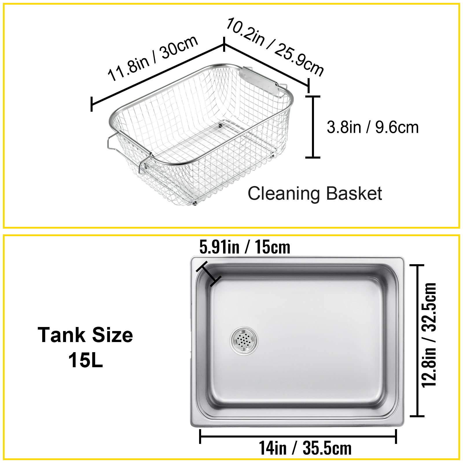 VEVOR ultrasonic cleaner cleaning basket and 15l tank dimensions.