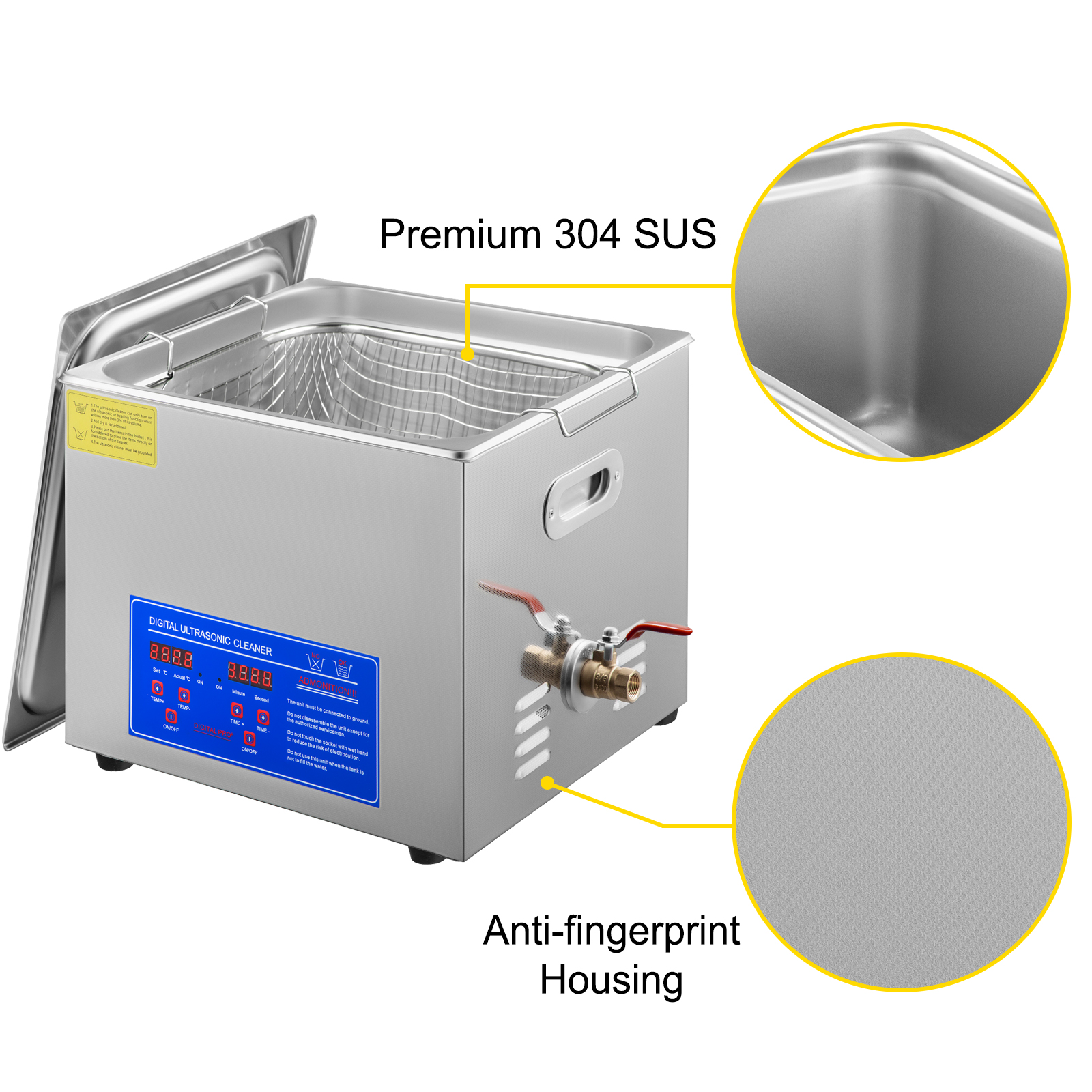 VEVOR ultrasonic cleaner with premium 304 sus and anti-fingerprint housing.
