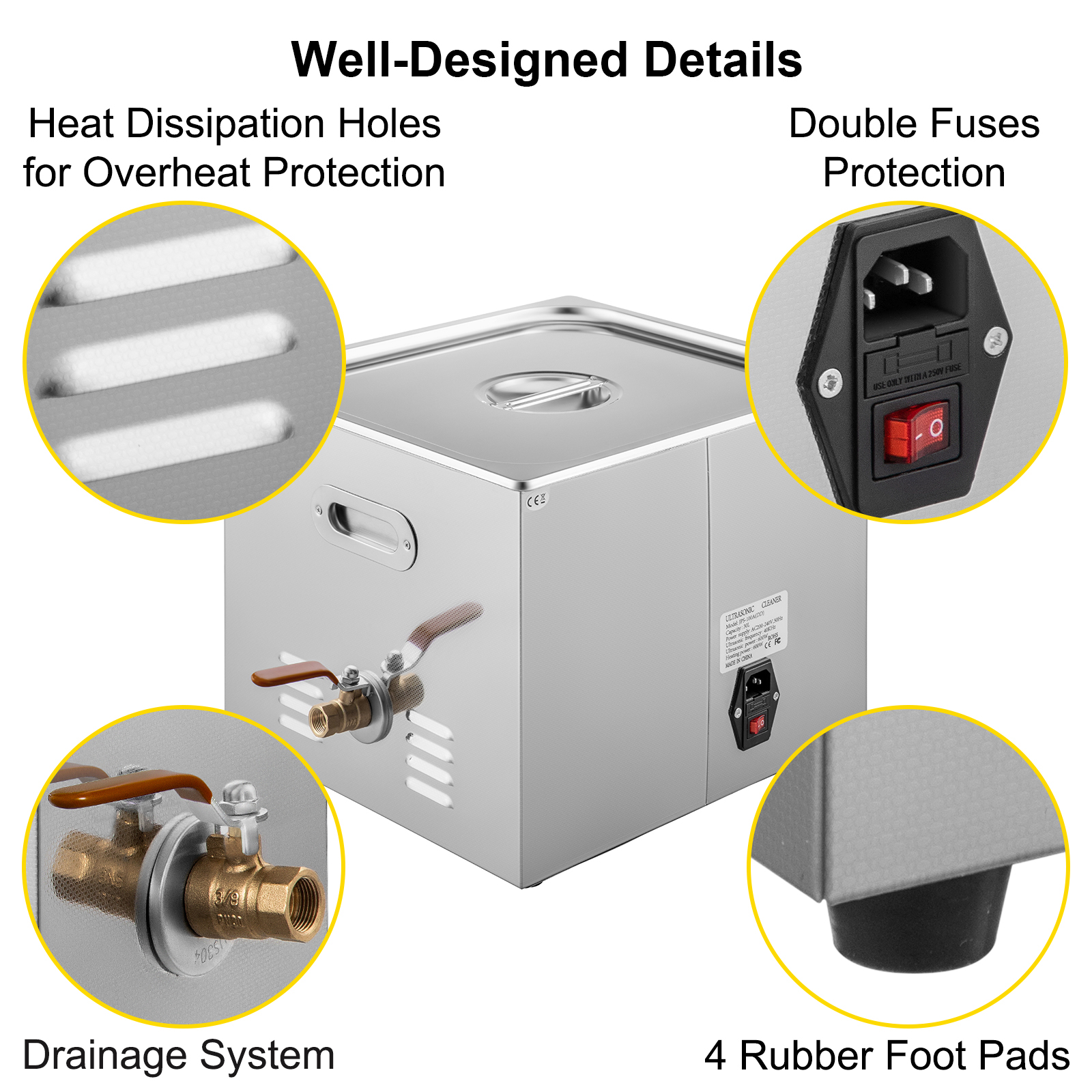 VEVOR ultrasonic cleaner with heat dissipation holes, double fuses, and drainage system.