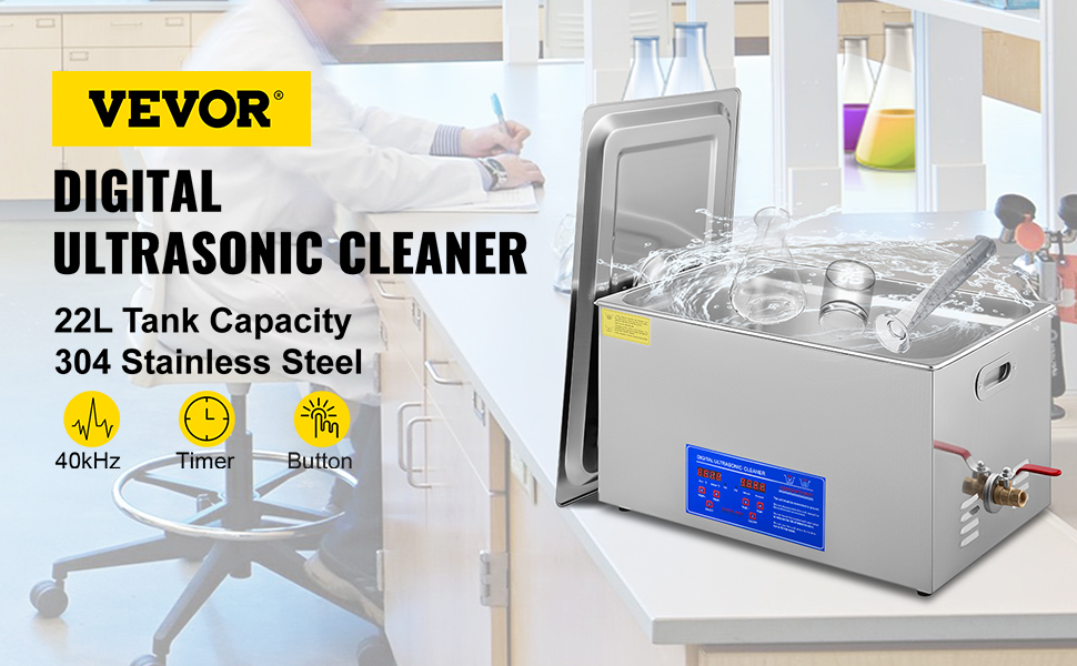 VEVOR ultrasonic cleaner with 22l tank capacity in a lab setting.