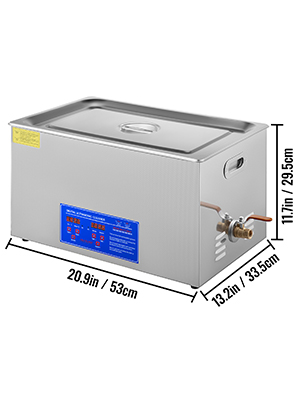 VEVOR ultrasonic cleaner with dimensions 20.9in x 13.2in x 11.7in. stainless steel body.