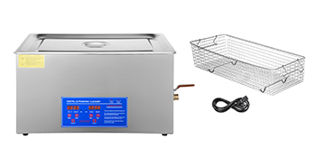 VEVOR ultrasonic cleaner with stainless steel body, control panel, basket, and power cable.