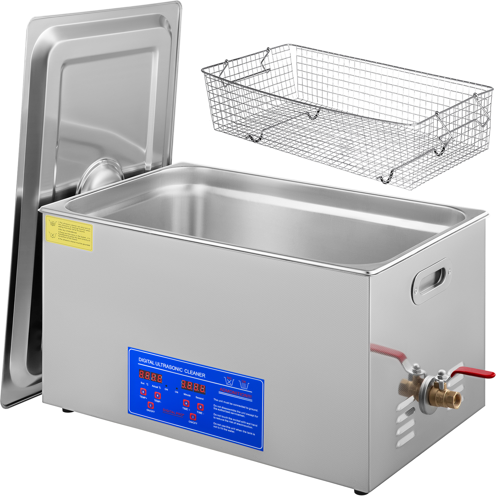 VEVOR ultrasonic cleaner with lid, control panel, metal basket, and power cord.