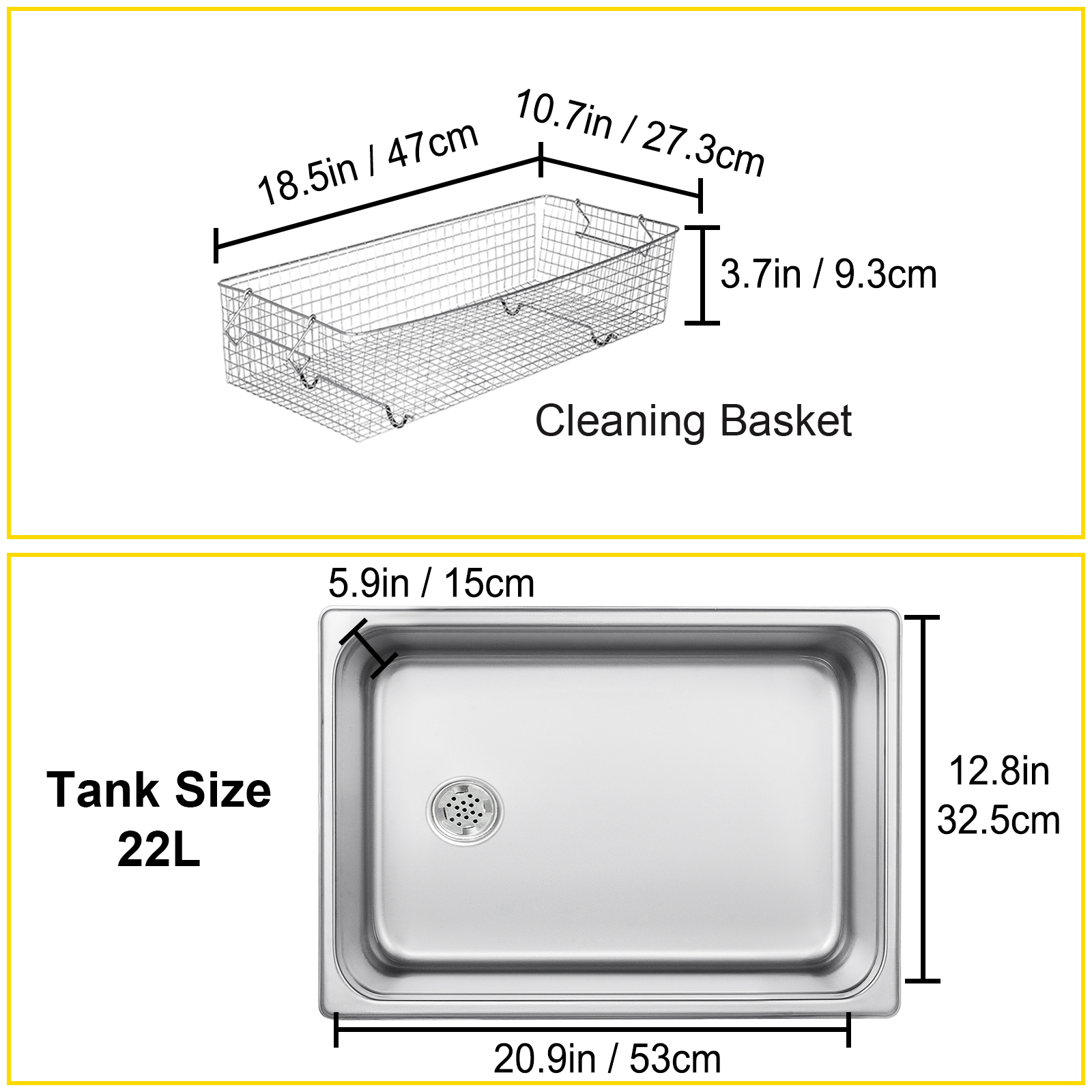 VEVOR ultrasonic cleaner dimensions with cleaning basket and 22l tank size.
