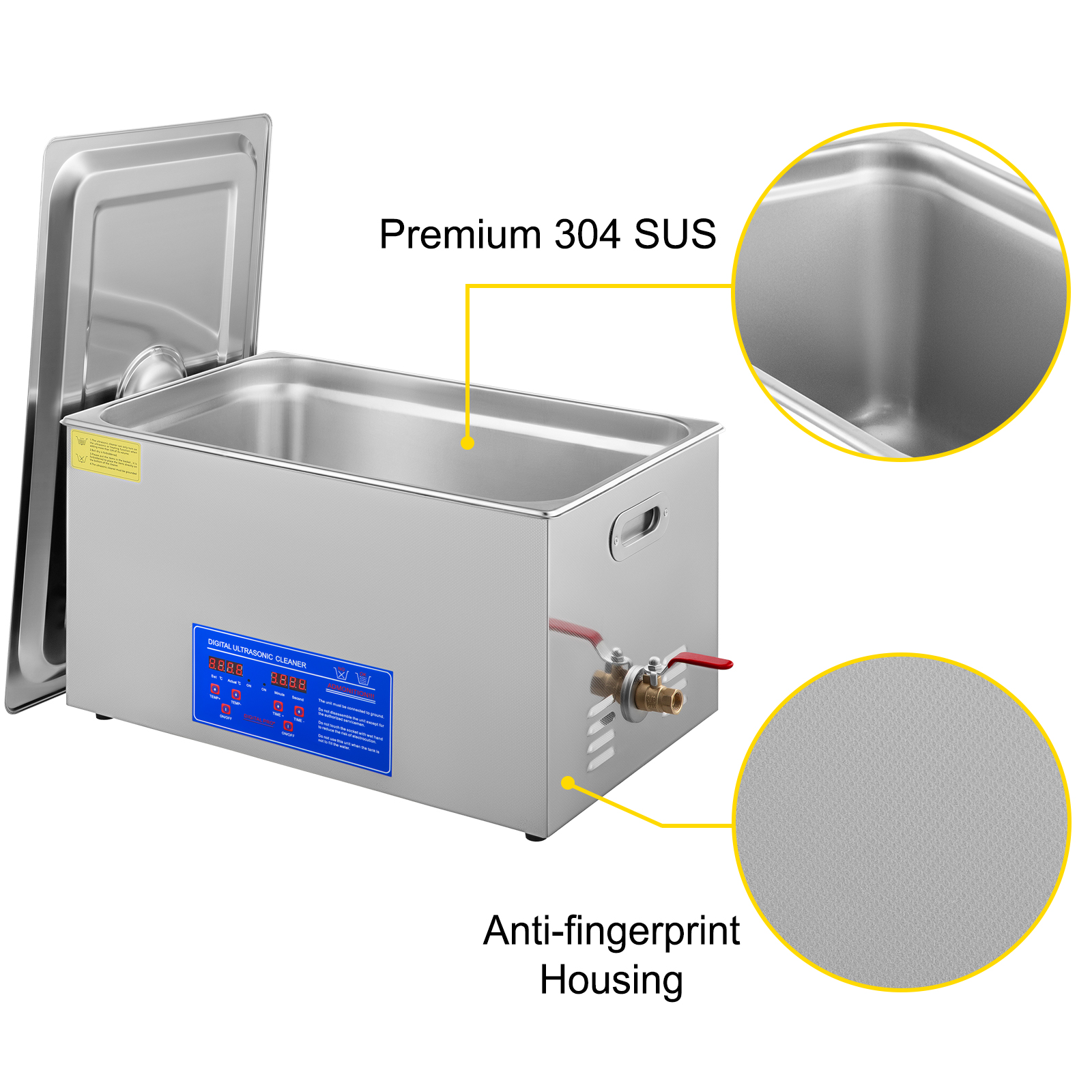 VEVOR ultrasonic cleaner with premium 304 sus and anti-fingerprint housing.