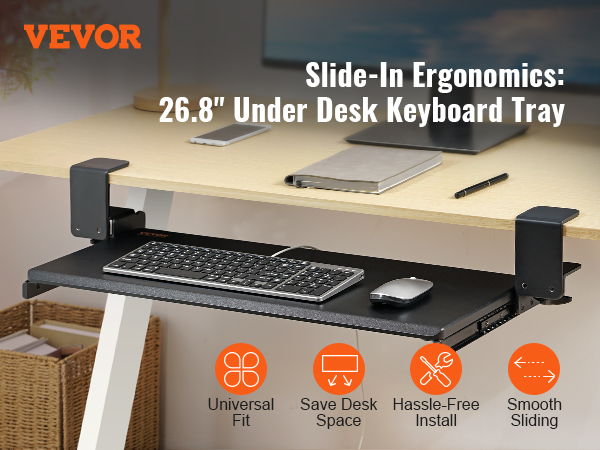 VEVOR keyboard tray: under desk, 26.8", ergonomic, universal fit, space-saving, easy install, smooth sliding