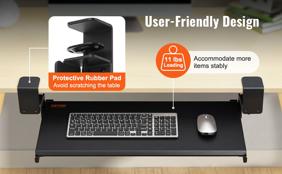 VEVOR keyboard tray with protective rubber pad, supporting up to 11 lbs, user-friendly design.