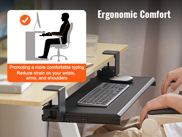 ergonomic VEVOR keyboard tray setup for comfortable typing, reducing strain on wrists and shoulders.