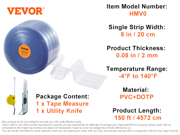 VEVOR strip curtain details: 8in width, 150ft length, pvc, includes tape measure and utility knife.
