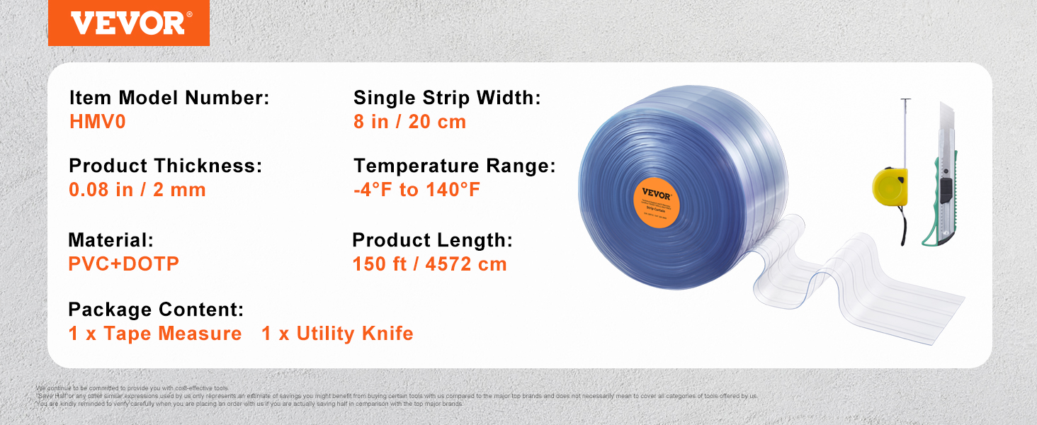 VEVOR strip curtain details: 8in width, 150ft length, pvc, includes tape measure and utility knife.