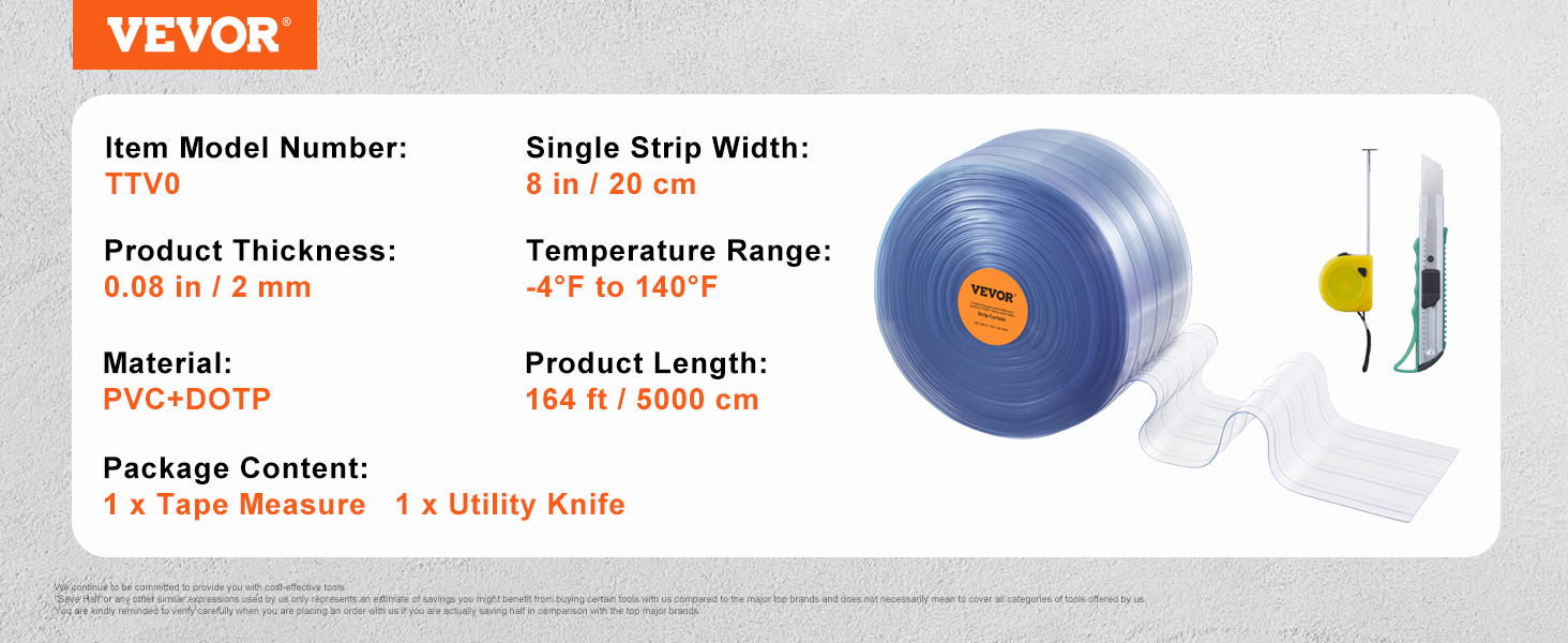 VEVOR strip curtain: model ttv0, 8 in width, 164 ft length, pvc+dotp, includes tape measure and utility knife.