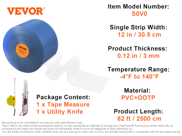 VEVOR strip curtain with 12 in width, 82 ft length, -4°f to 140°f range, 1x tape measure, and utility knife.