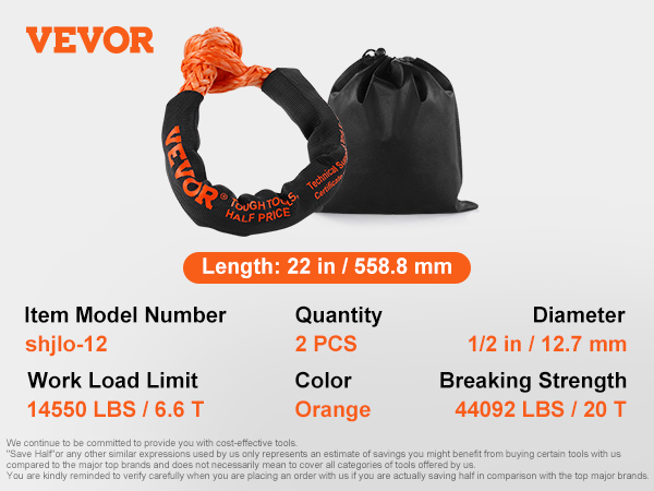 VEVOR synthetic recovery rope, orange, 22 in length, 1/2 in diameter, 14550 lbs work load, 44092 lbs breaking.