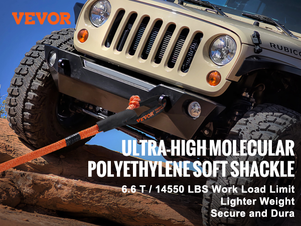 jeep rubicon using VEVOR synthetic recovery rope for off-road recovery on rocky terrain.