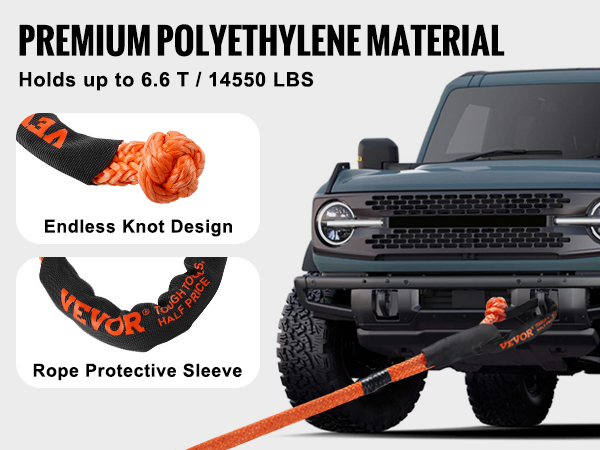 VEVOR synthetic recovery rope, premium polyethylene, 20t breaking strength, 6.6t hold, endless knot, protective sleeve.