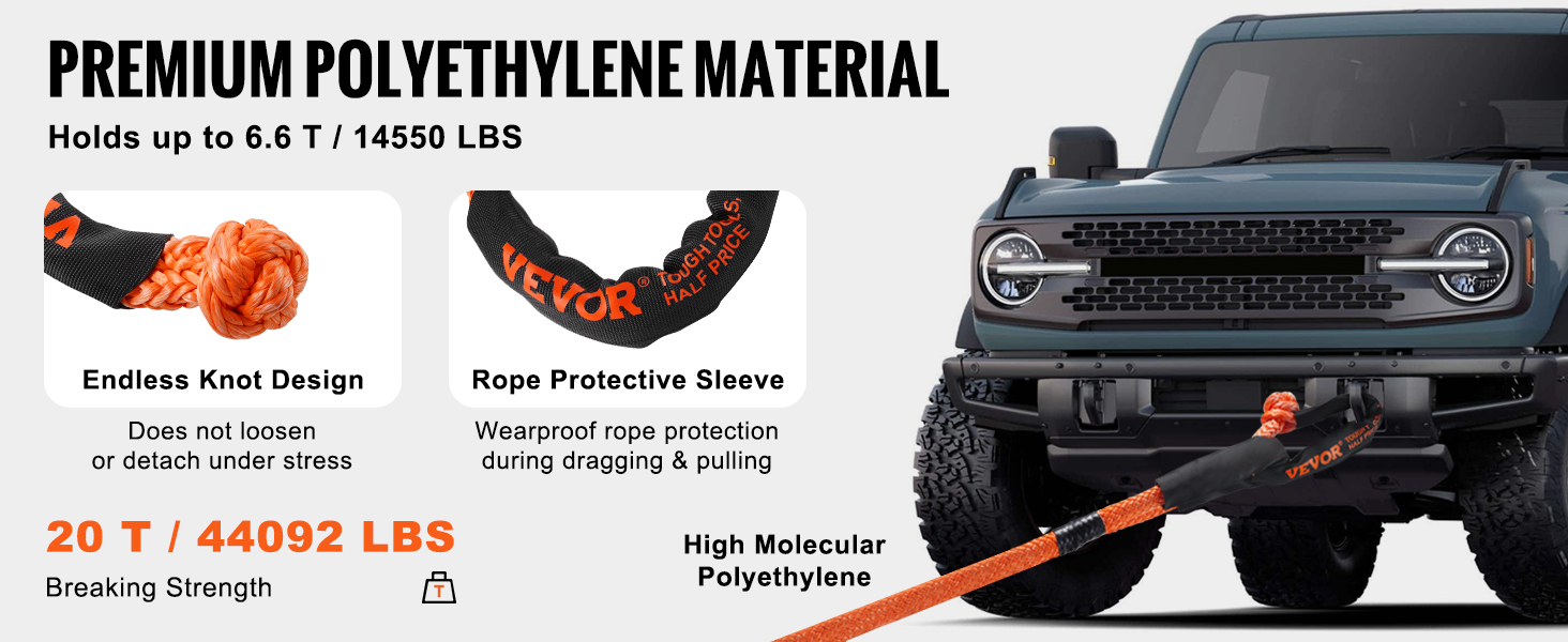 VEVOR synthetic recovery rope, premium polyethylene, 20t breaking strength, 6.6t hold, endless knot, protective sleeve.