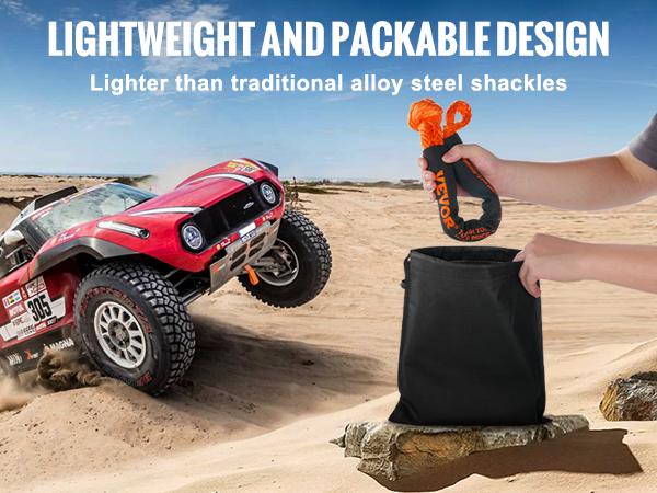 off-road vehicle in desert with VEVOR synthetic recovery rope being placed in a carrying bag. lightweight design.