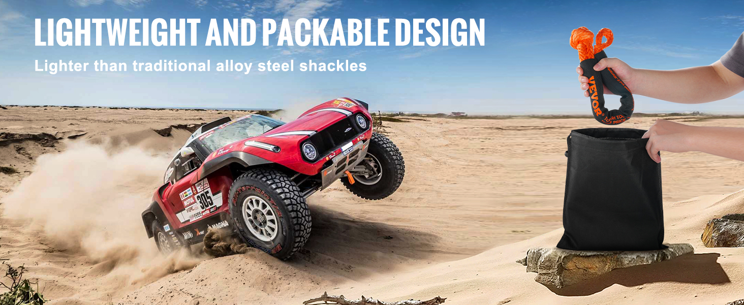 off-road vehicle in desert with VEVOR synthetic recovery rope being placed in a carrying bag. lightweight design.