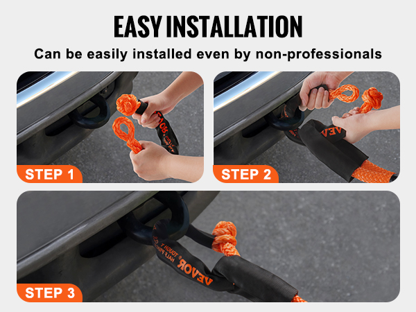 easy installation of VEVOR synthetic recovery rope: open shackle, attach hook, insert ball head, and tighten.