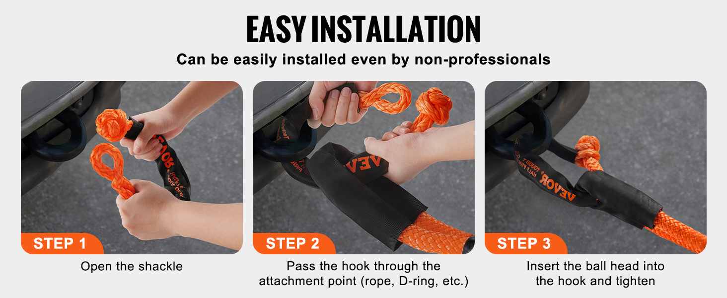 easy installation of VEVOR synthetic recovery rope: open shackle, attach hook, insert ball head, and tighten.