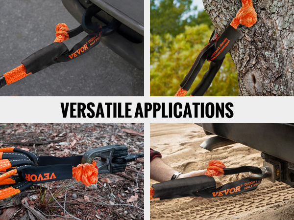 VEVOR synthetic recovery rope in action for tow ropes, tree straps, pulleys, and tow hooks.