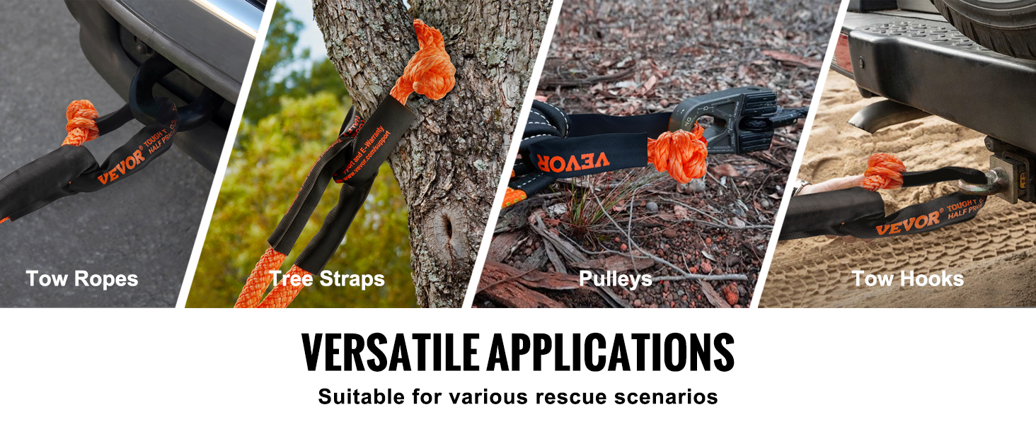 VEVOR synthetic recovery rope in action for tow ropes, tree straps, pulleys, and tow hooks.