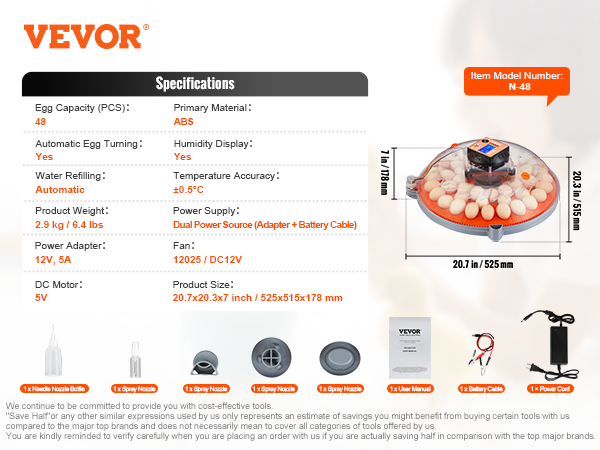 VEVOR egg incubator with 48-egg capacity, automatic turning, humidity display, and dual power source.