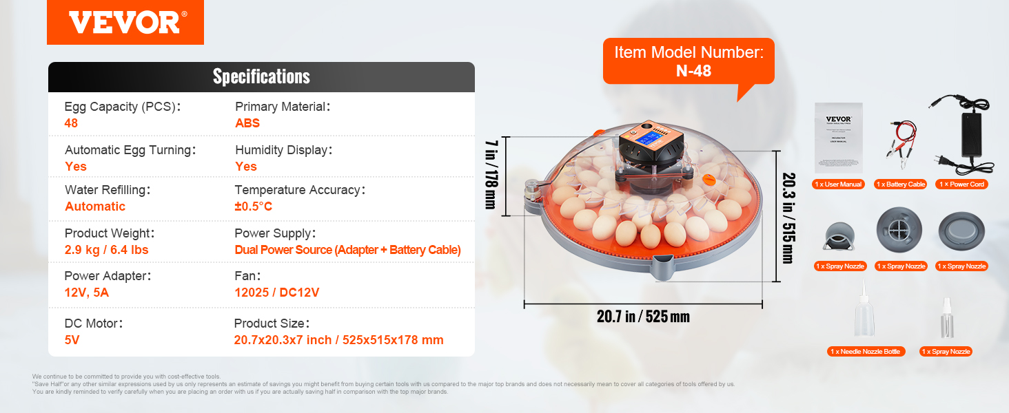 VEVOR egg incubator with 48-egg capacity, automatic turning, humidity display, and dual power source.