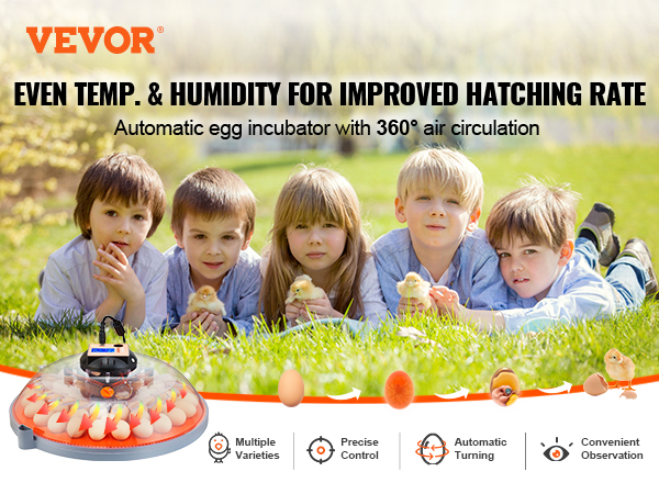 VEVOR egg incubator with even temperature, humidity control, and 360° air circulation for better hatching.
