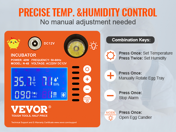 VEVOR egg incubator displaying digital temperature and humidity controls with combination key instructions.