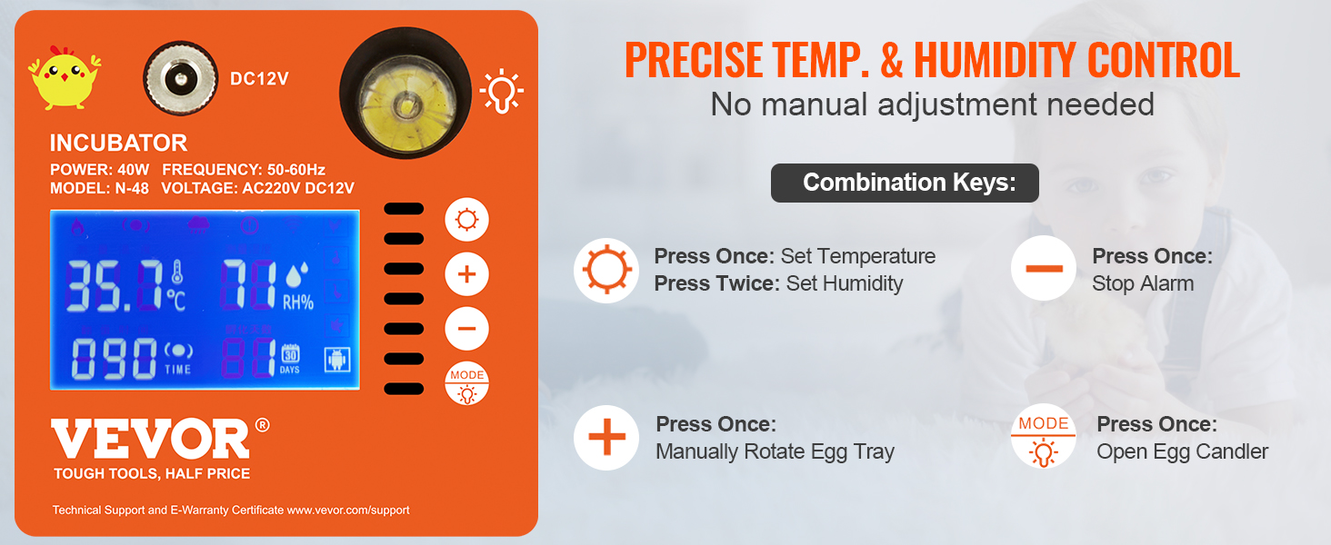 VEVOR egg incubator displaying digital temperature and humidity controls with combination key instructions.