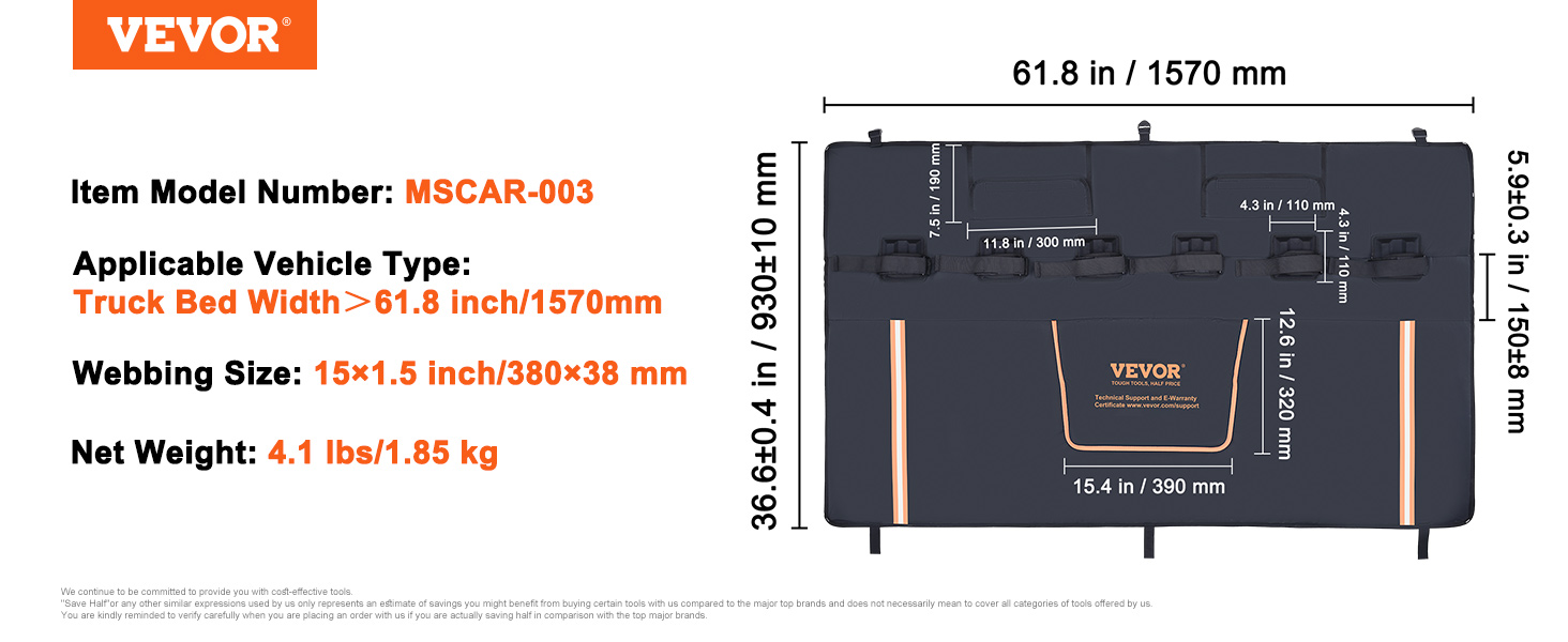 VEVOR tailgate bike pad, model mscar-003, fits truck beds over 61.8 inches, dimensions and specs shown.