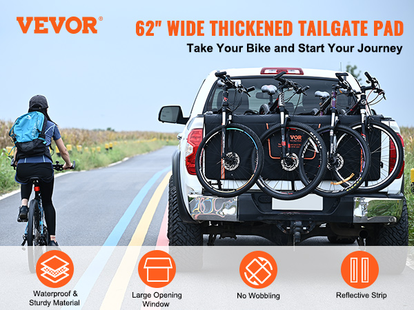 VEVOR tailgate bike pad securing bikes on a white truck, promoting a sturdy and reflective 62" wide pad.