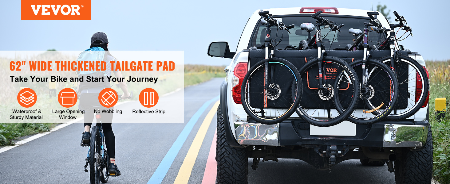 VEVOR tailgate bike pad securing bikes on a white truck, promoting a sturdy and reflective 62" wide pad.