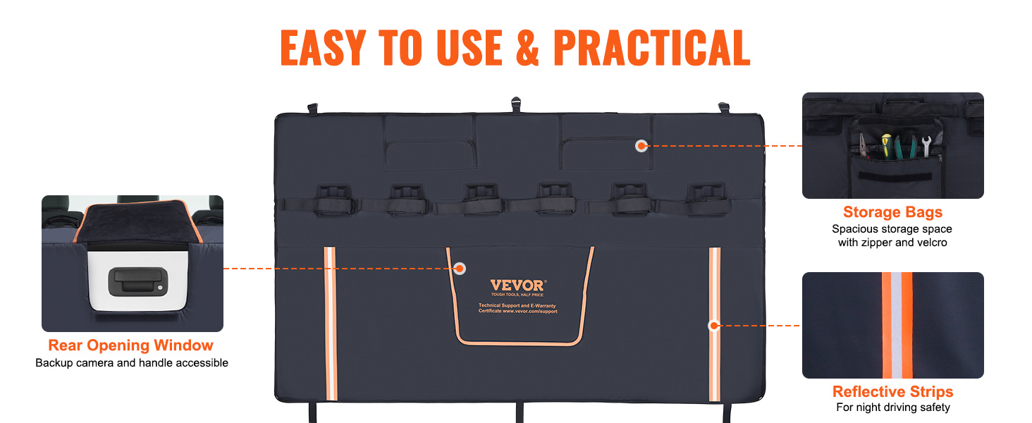 VEVOR tailgate bike pad with rear opening window, storage bags, and reflective strips, easy to use.