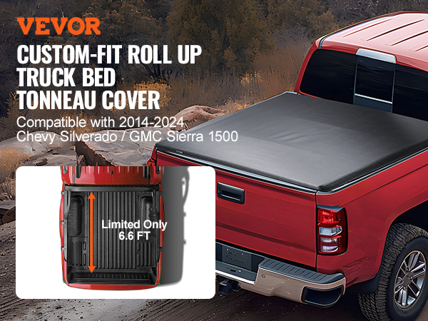 VEVOR truck bed cover on red truck, compatible with 2014-2024 chevy silverado and gmc sierra 1500.