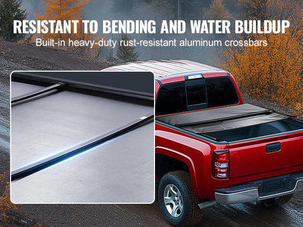 red truck with VEVOR truck bed cover featuring rust-resistant aluminum crossbars for durability.