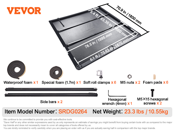 VEVOR truck bed cover parts and dimensions: wrench, screws, nuts, foams, clamps, pads, and side bars.