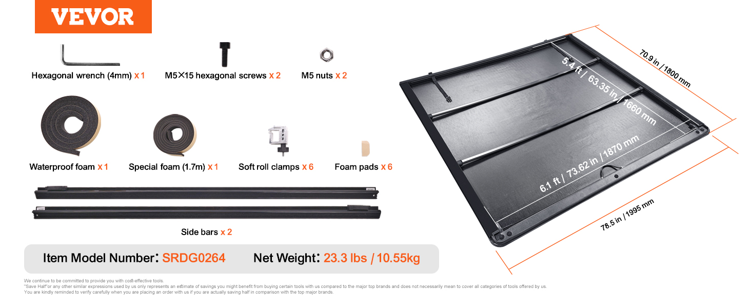 VEVOR truck bed cover parts and dimensions: wrench, screws, nuts, foams, clamps, pads, and side bars.