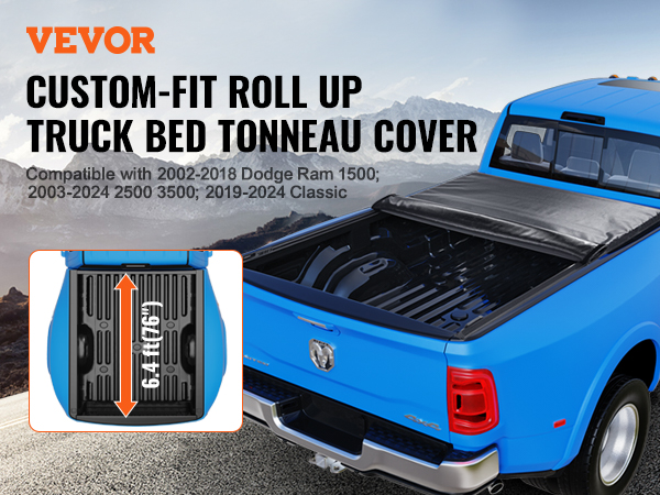 VEVOR custom-fit roll up truck bed tonneau cover on blue dodge ram in a mountainous backdrop.
