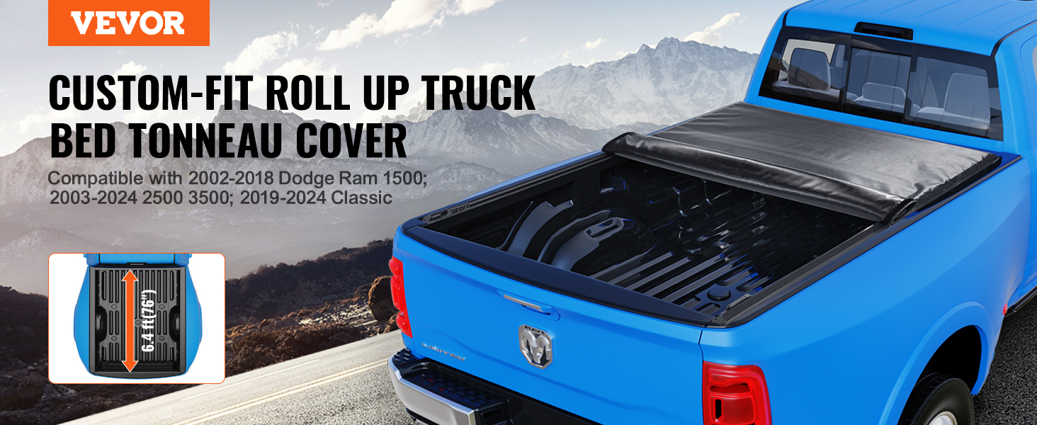 VEVOR custom-fit roll up truck bed tonneau cover on blue dodge ram in a mountainous backdrop.