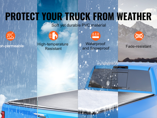 VEVOR truck bed cover on blue truck showcasing non-permeable, high-temperature resistant, waterproof, and fade-resistant features.