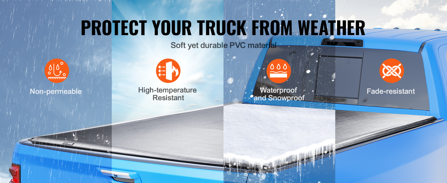 VEVOR truck bed cover on blue truck showcasing non-permeable, high-temperature resistant, waterproof, and fade-resistant features.