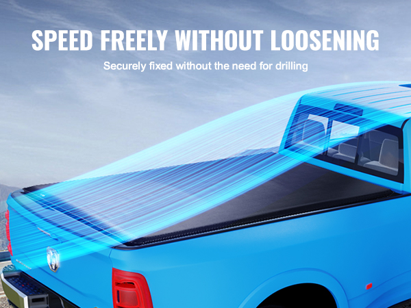 VEVOR truck bed cover with aerodynamic design, anti-loosening clamps, and locking mechanism.